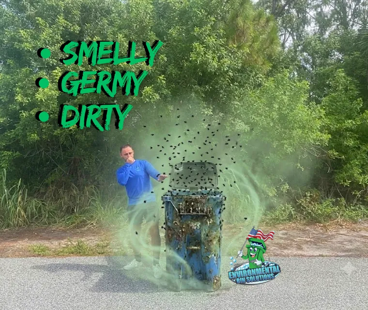 Dirty, smelly trash bin covered in grime and flies before cleaning