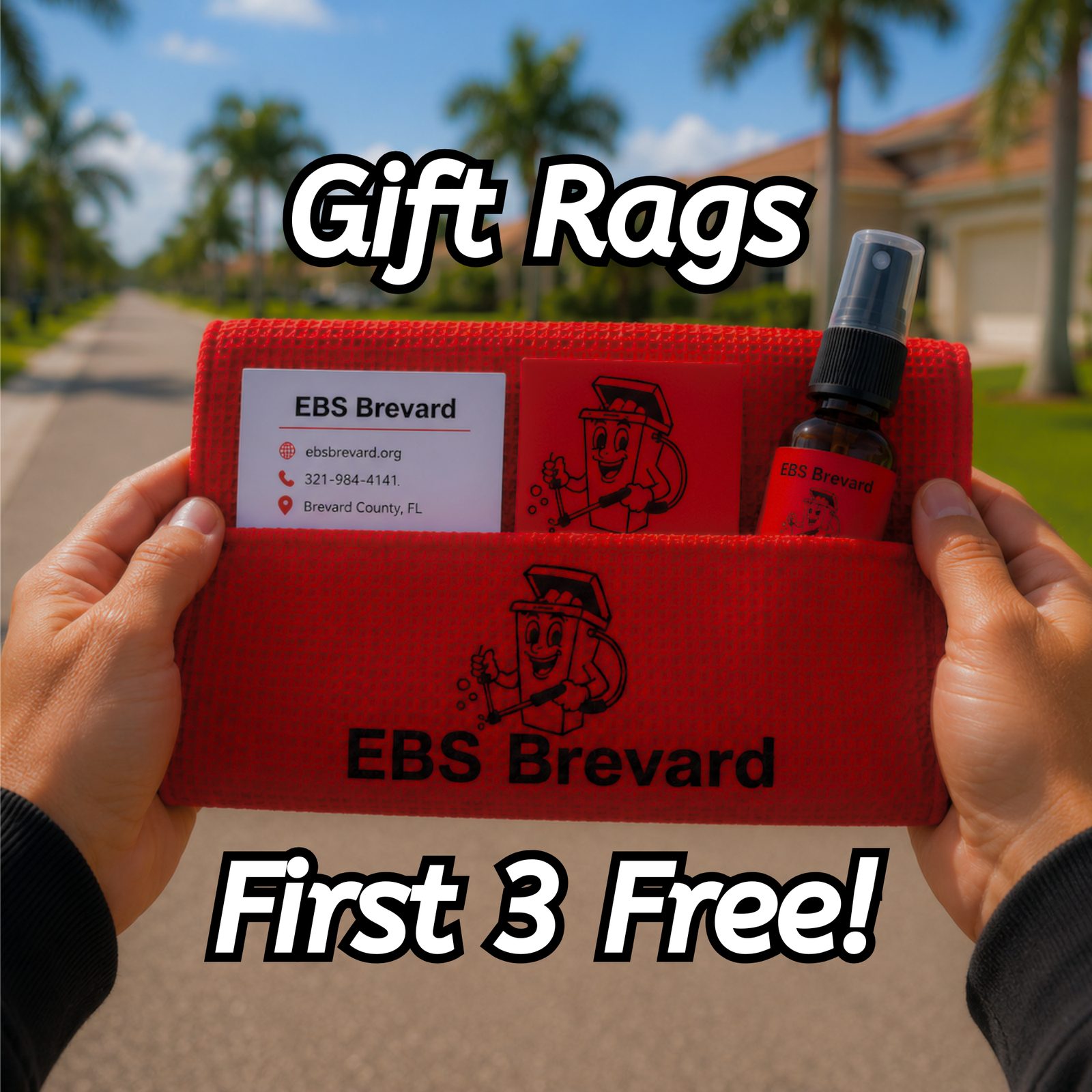 Red EBS Brevard gift rag with business card and scent bottle - Gift Rags, first 3 free